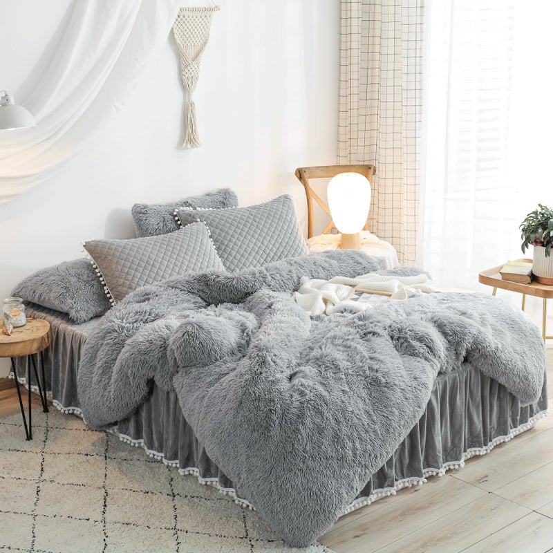 HAIHUA Furry Gray Comforter Cover Queen Set, Soft Fuzzy Faux Fur Gray Bedding Queen Set 3 Pieces (1 Fluffy Duvet Cover + 2 Plush Pillow Cases) Shaggy Bed Set, Zipper Closure - Image 2